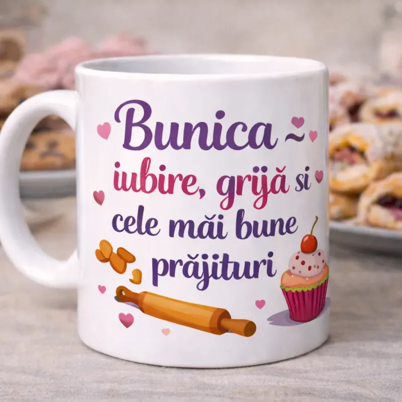 Cană personalizată, Bunica: iubire, grijă și cele mai bune prăjituri
