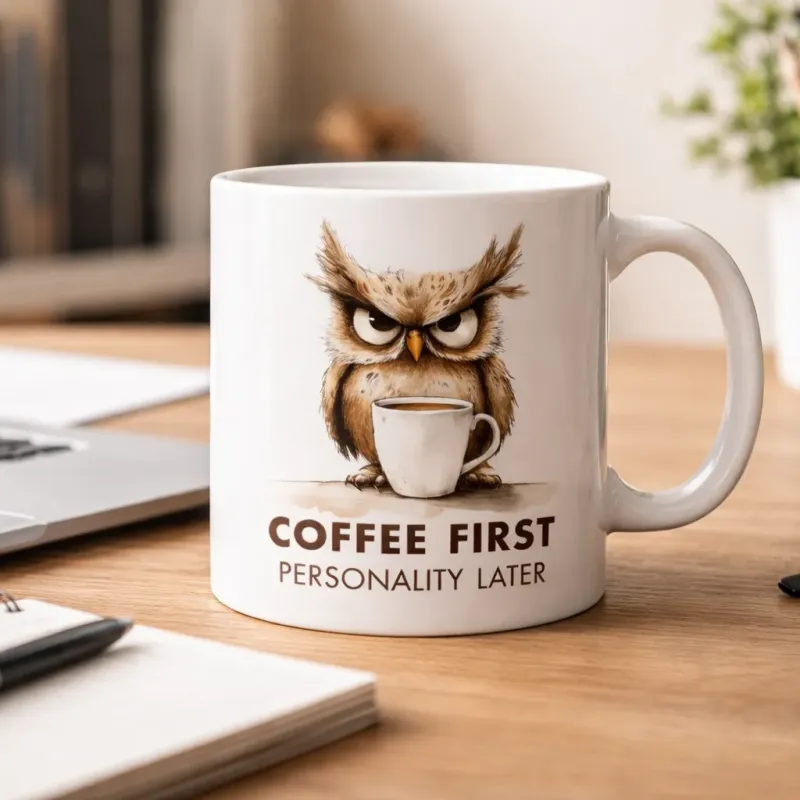 Cană personalizată, Coffee First, Personality Later cu bufniță