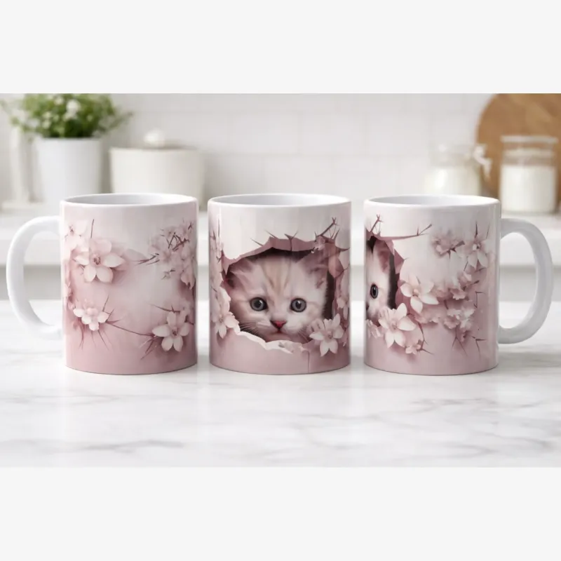 Cană personalizată, Pisica 3D, nuanță roz