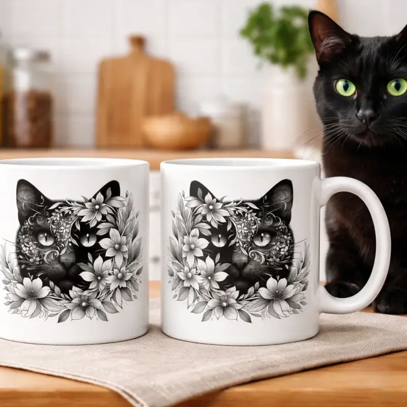 Cană personalizată, Pisica cu flori